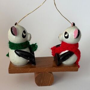 Vintage 1980 Panda Ornament with Red and Green Scarves